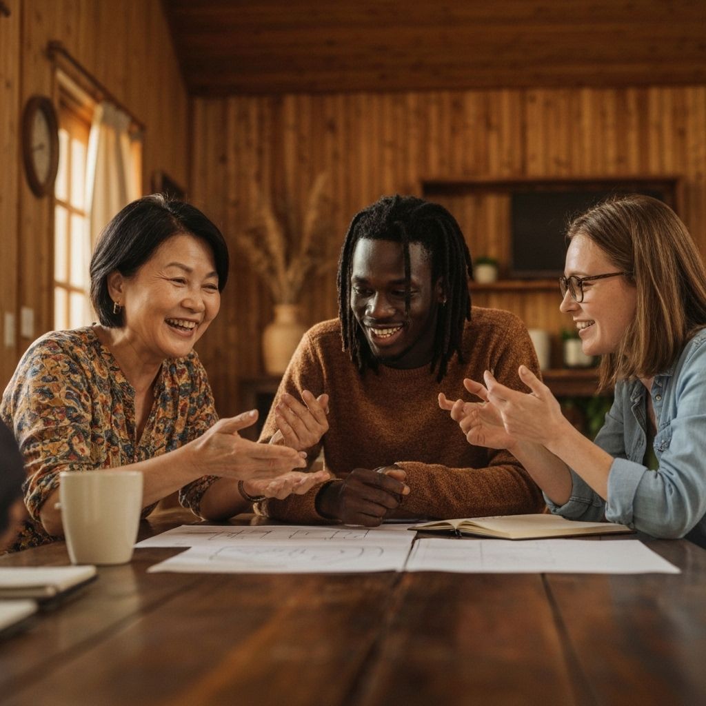 Diverse group of people collaborating warmly around a table, representing connection and belonging at Hearthside Works